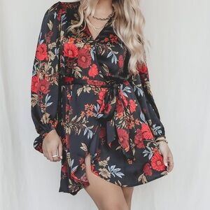 318 Sweet Lemon Floral Black and Red Women's Dress Mini Long Sleeve Dress